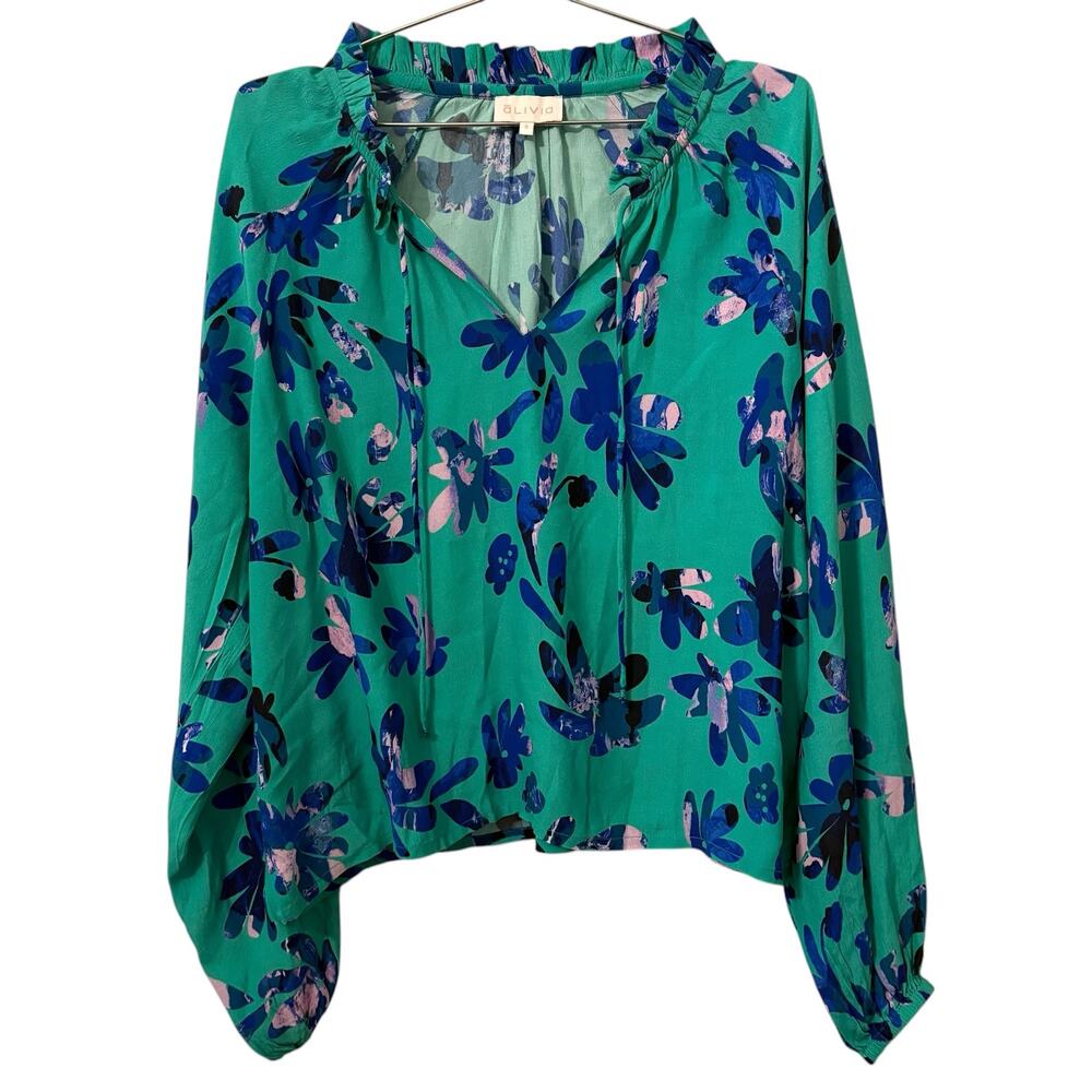 Alivia Women's Teal & Royal Blue Floral Print Ruffle Neck Blouse, viscose, S